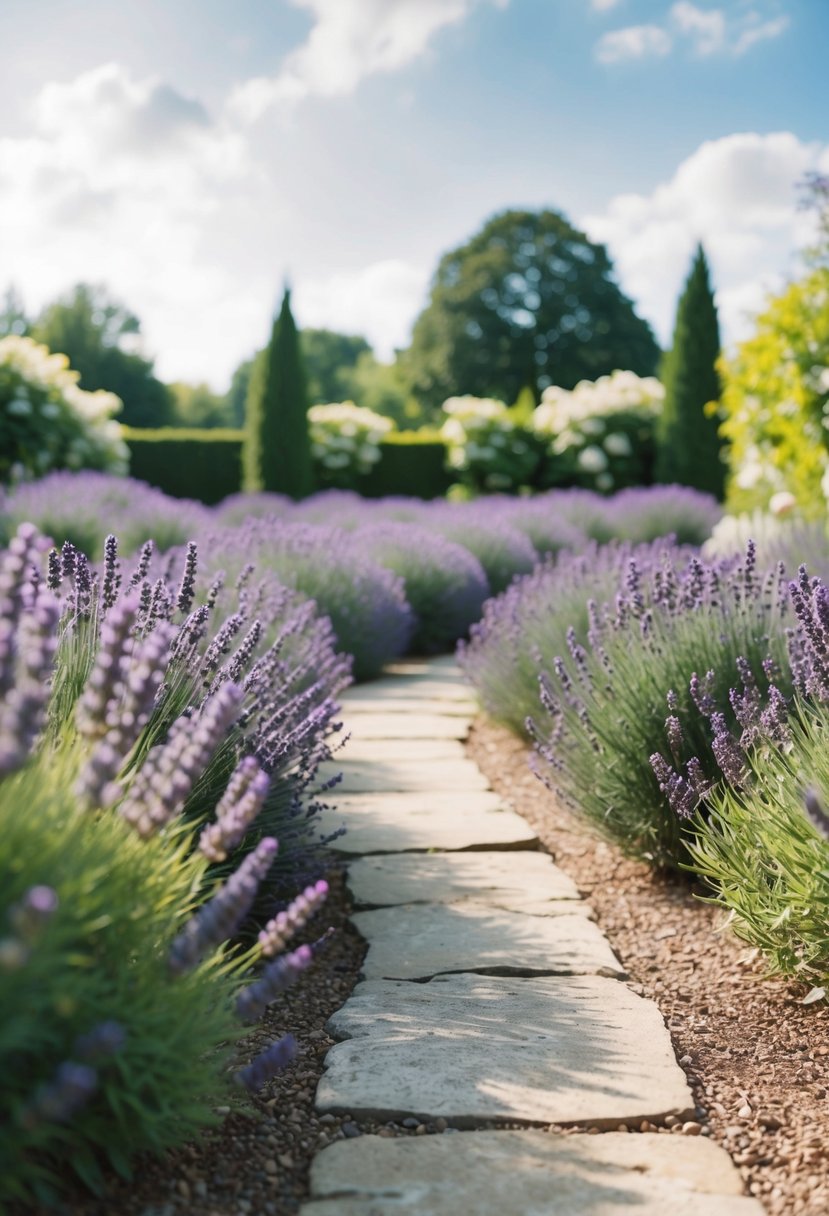 A serene English country garden filled with rows of blooming lavender bushes and a quaint stone pathway