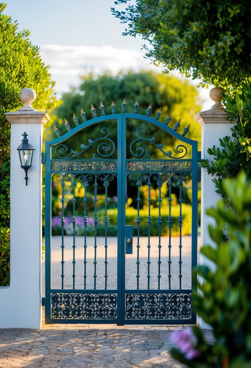 A Mediterranean metal gate adorned with intricate patterns stands as the entrance to a lush garden