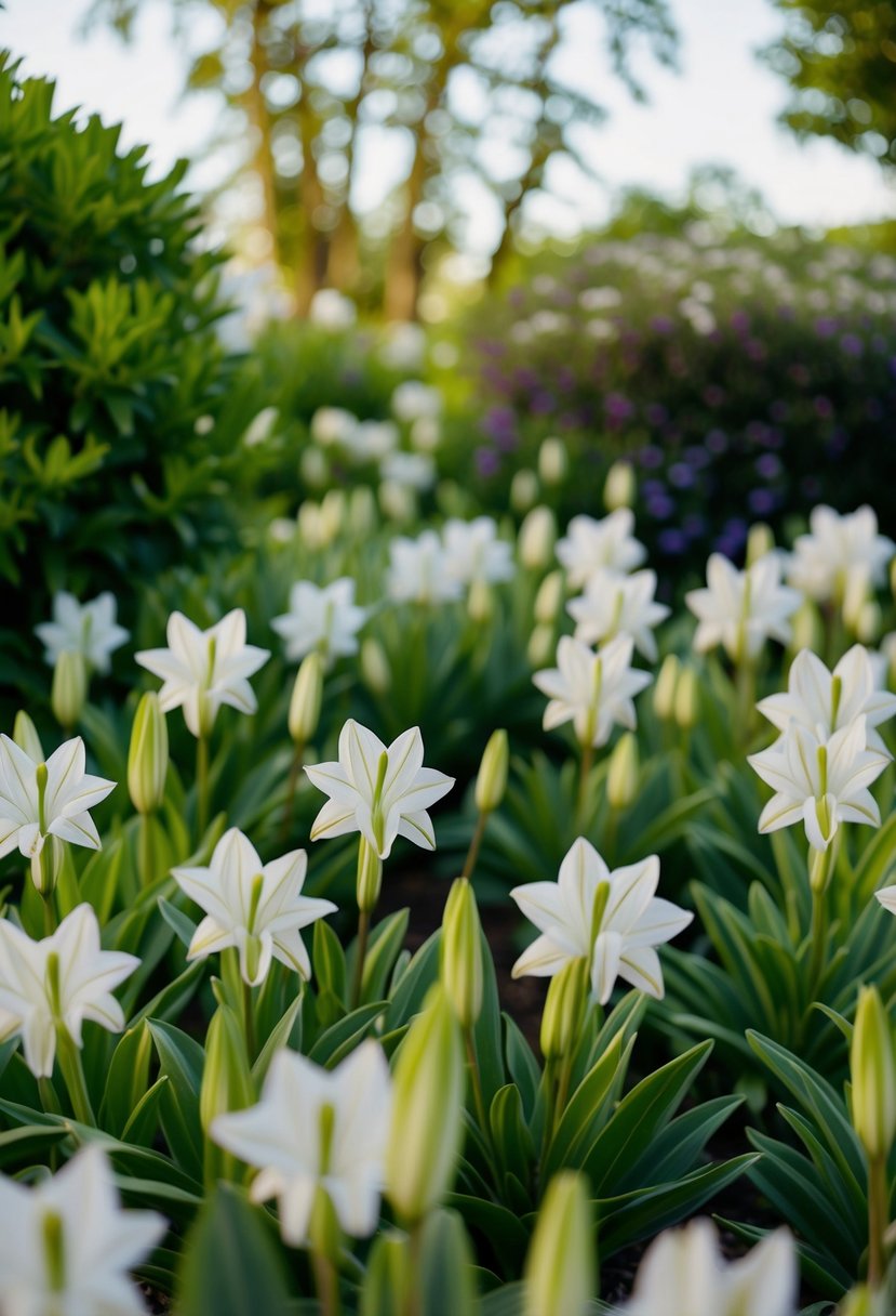 A lush garden filled with blooming Agapanthus 'Midnight Star' plants, creating a serene and enchanting atmosphere