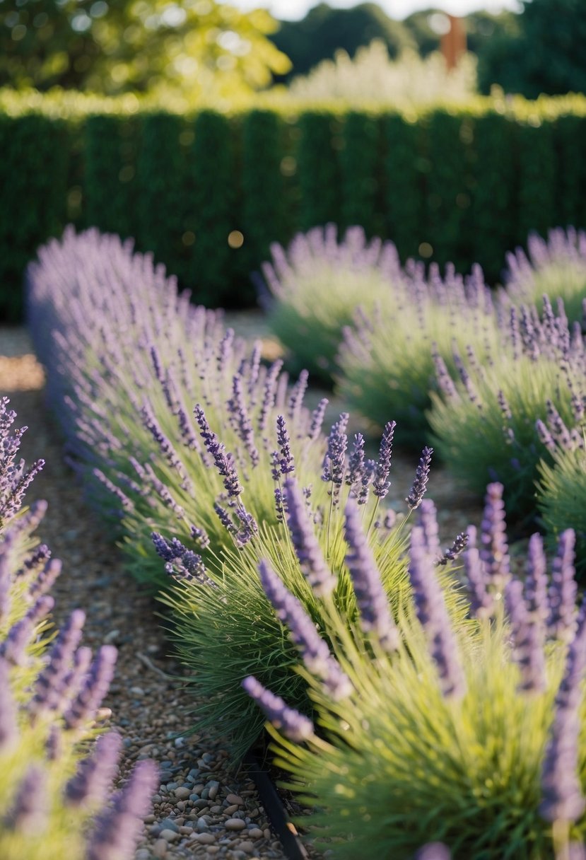A garden with neat rows of lavender plants trained along a trellis