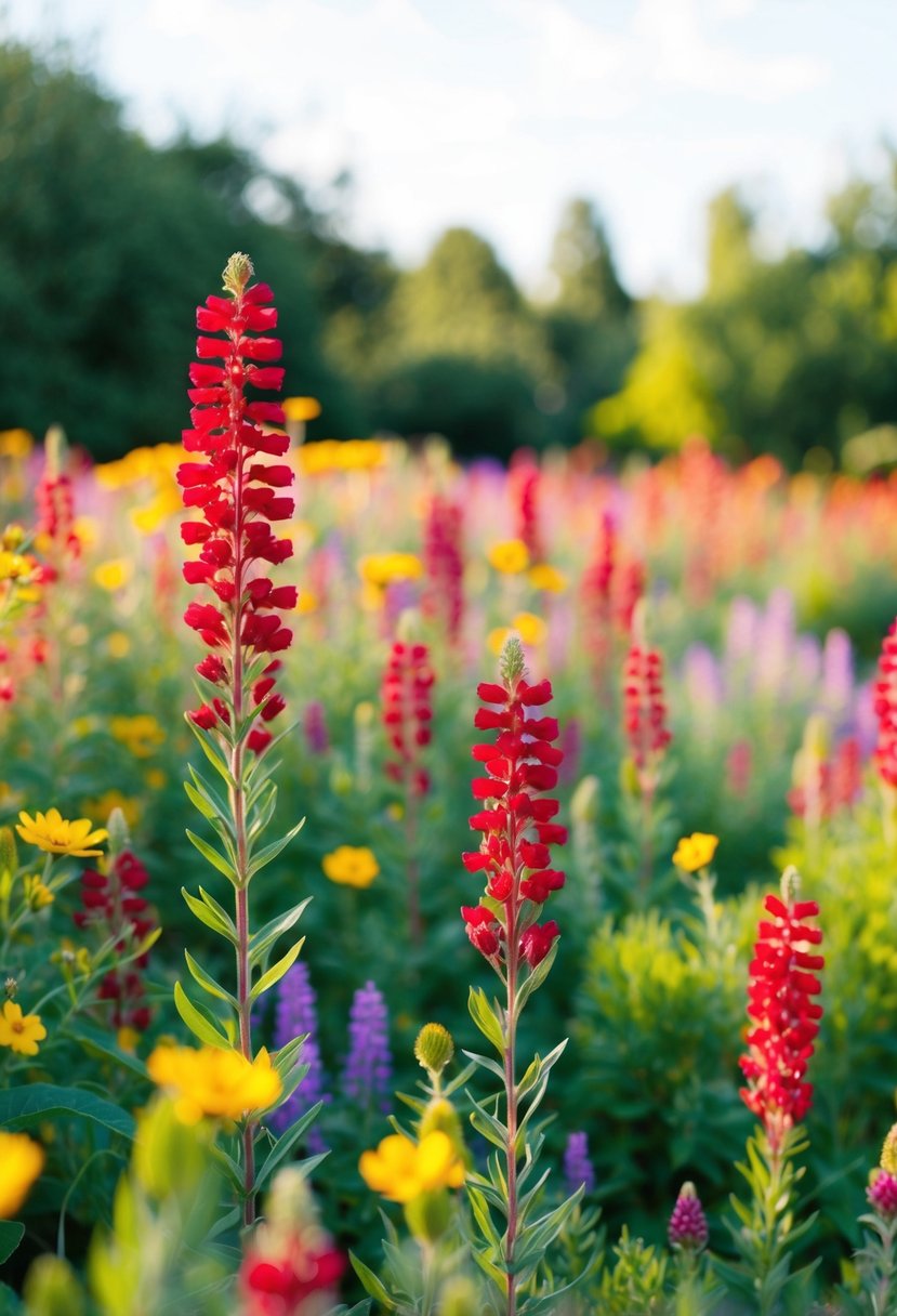 A field of Indian paintbrushes and wildflowers in a vibrant garden