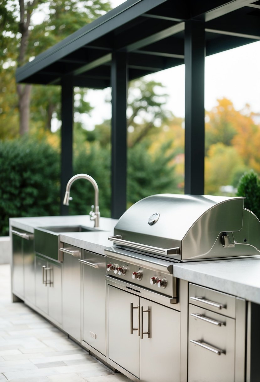 A sleek stainless steel outdoor kitchen with modern appliances and a minimalist design