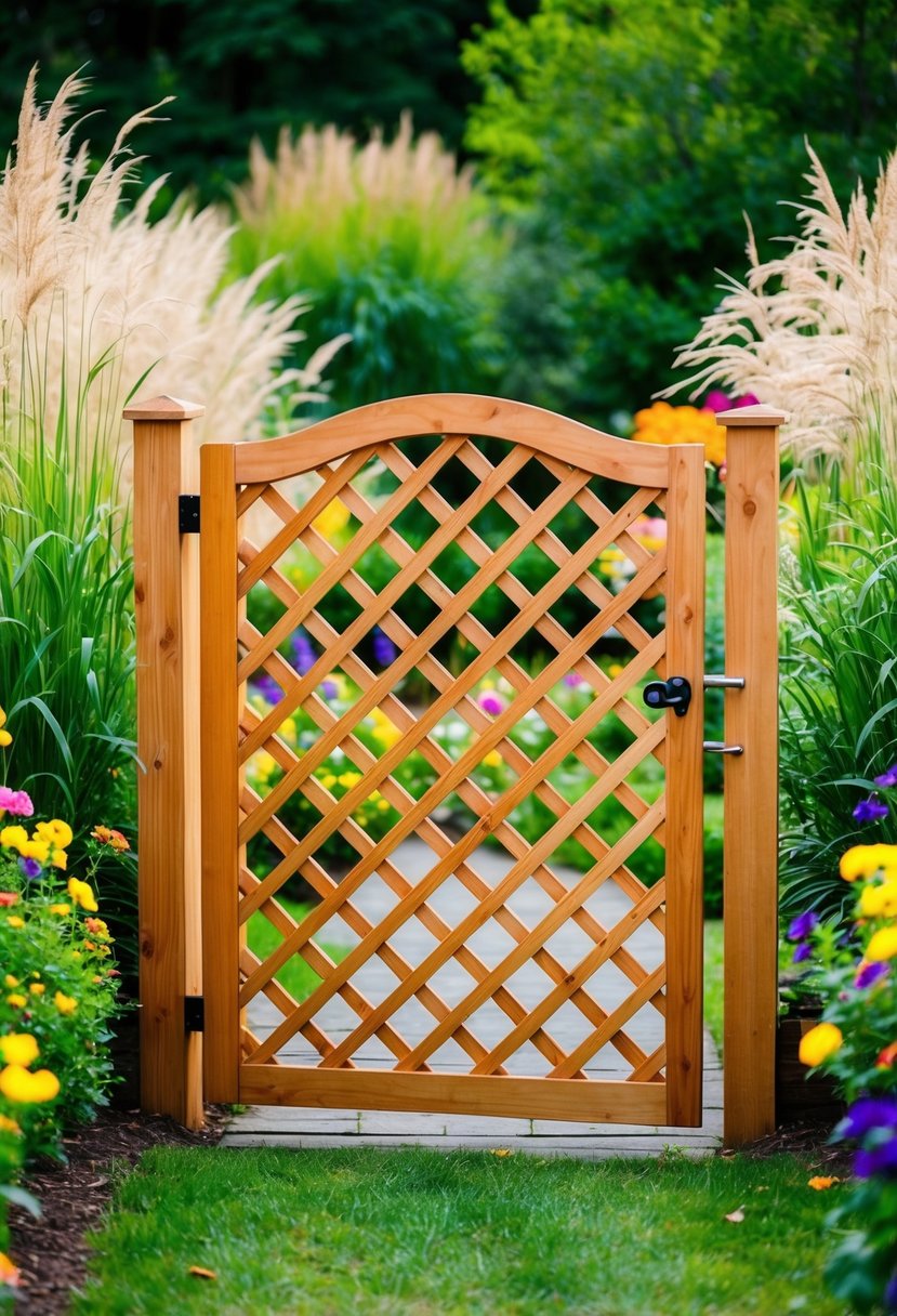 A cedar lattice gate stands at the entrance to a lush garden, surrounded by colorful flowers and tall, swaying grasses