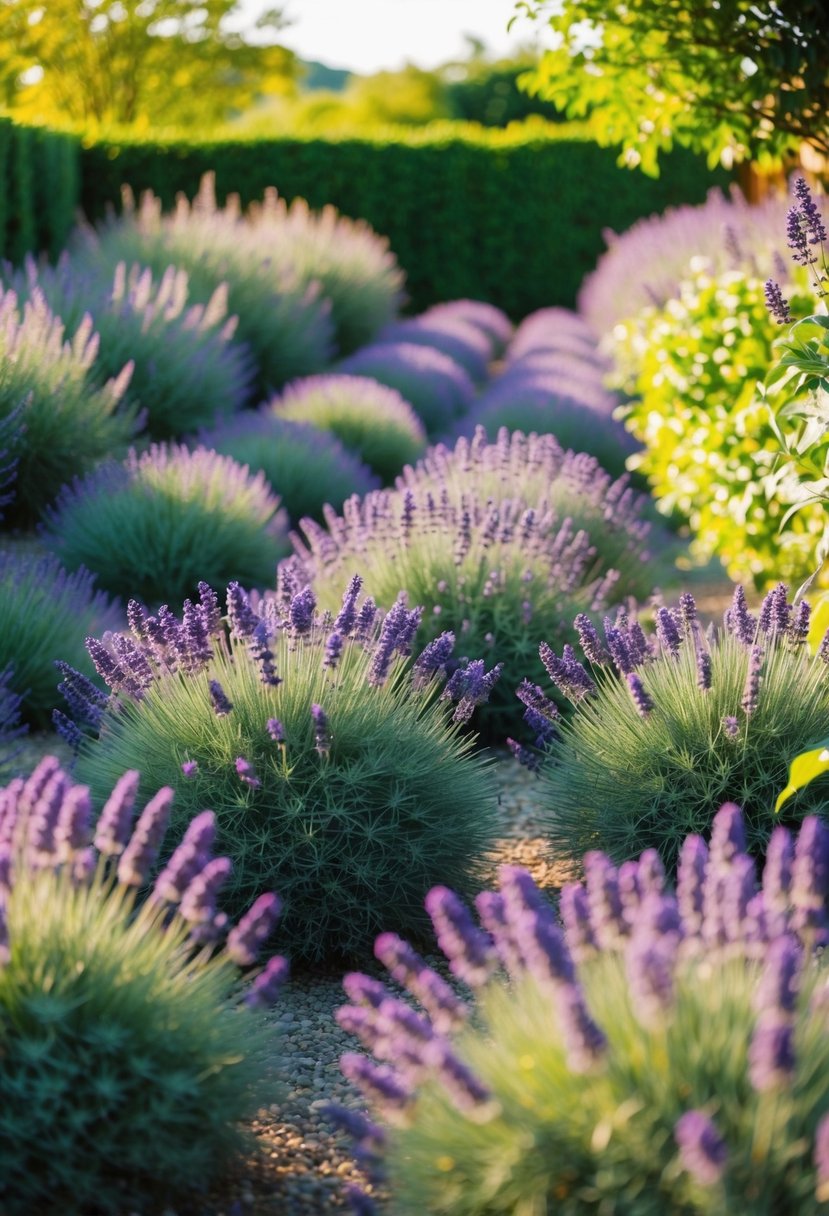 A serene garden filled with rows of vibrant lavender plants, surrounded by lush greenery and bathed in warm Mediterranean sunlight
