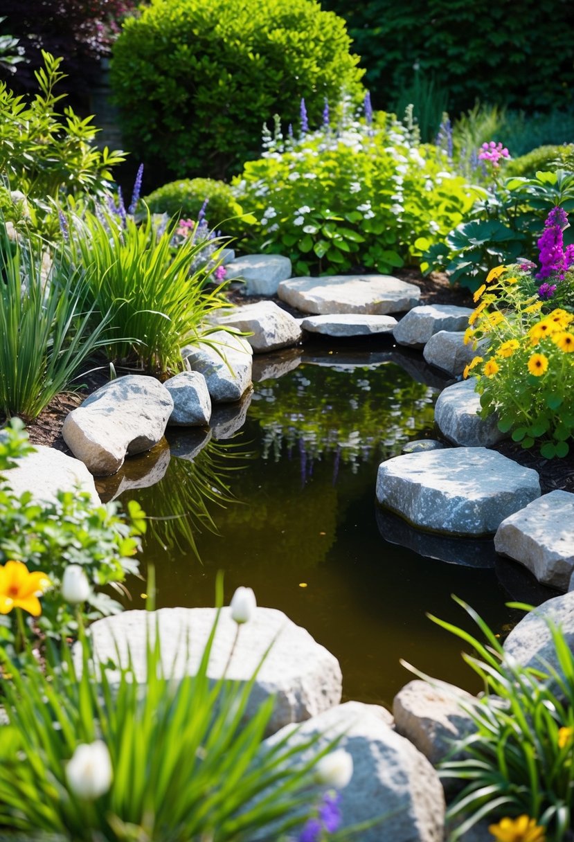 A garden pond surrounded by natural rock accents, nestled among lush greenery and colorful flowers