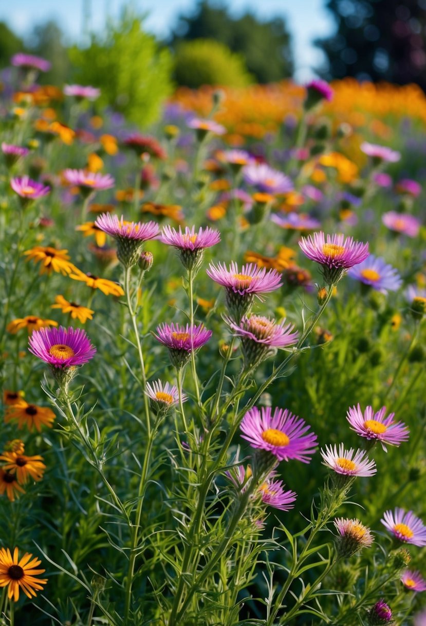 A field of vibrant wild asters and other wildflowers in a garden setting, with a variety of colors and sizes creating a beautiful and natural landscape
