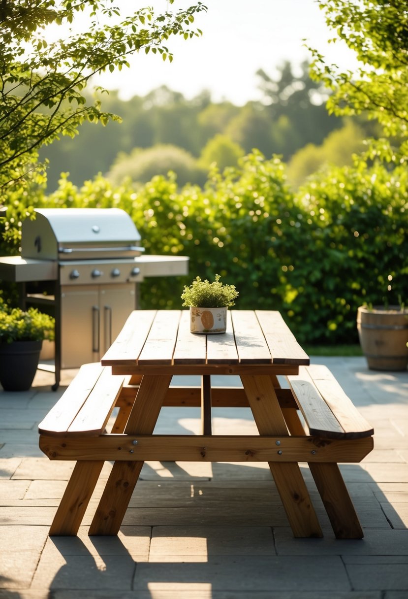 A rustic wooden picnic table sits in a serene patio BBQ area, surrounded by greenery and bathed in warm sunlight