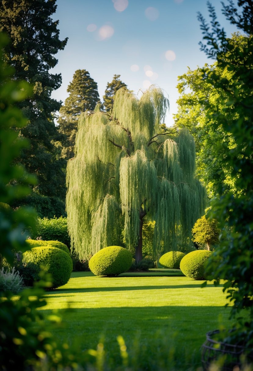 A serene garden with a weeping willow as the focal point, surrounded by numerous other trees and lush greenery