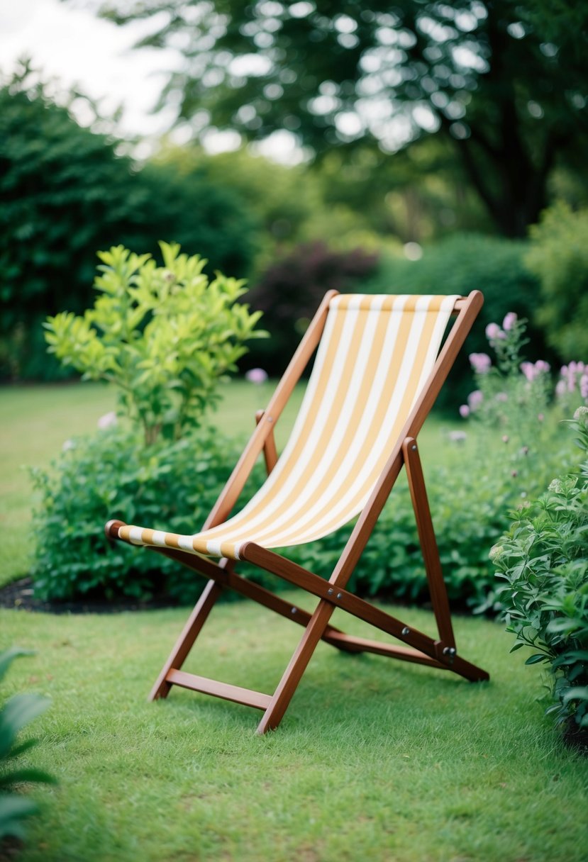 A folding deck chair surrounded by lush greenery in a peaceful garden setting