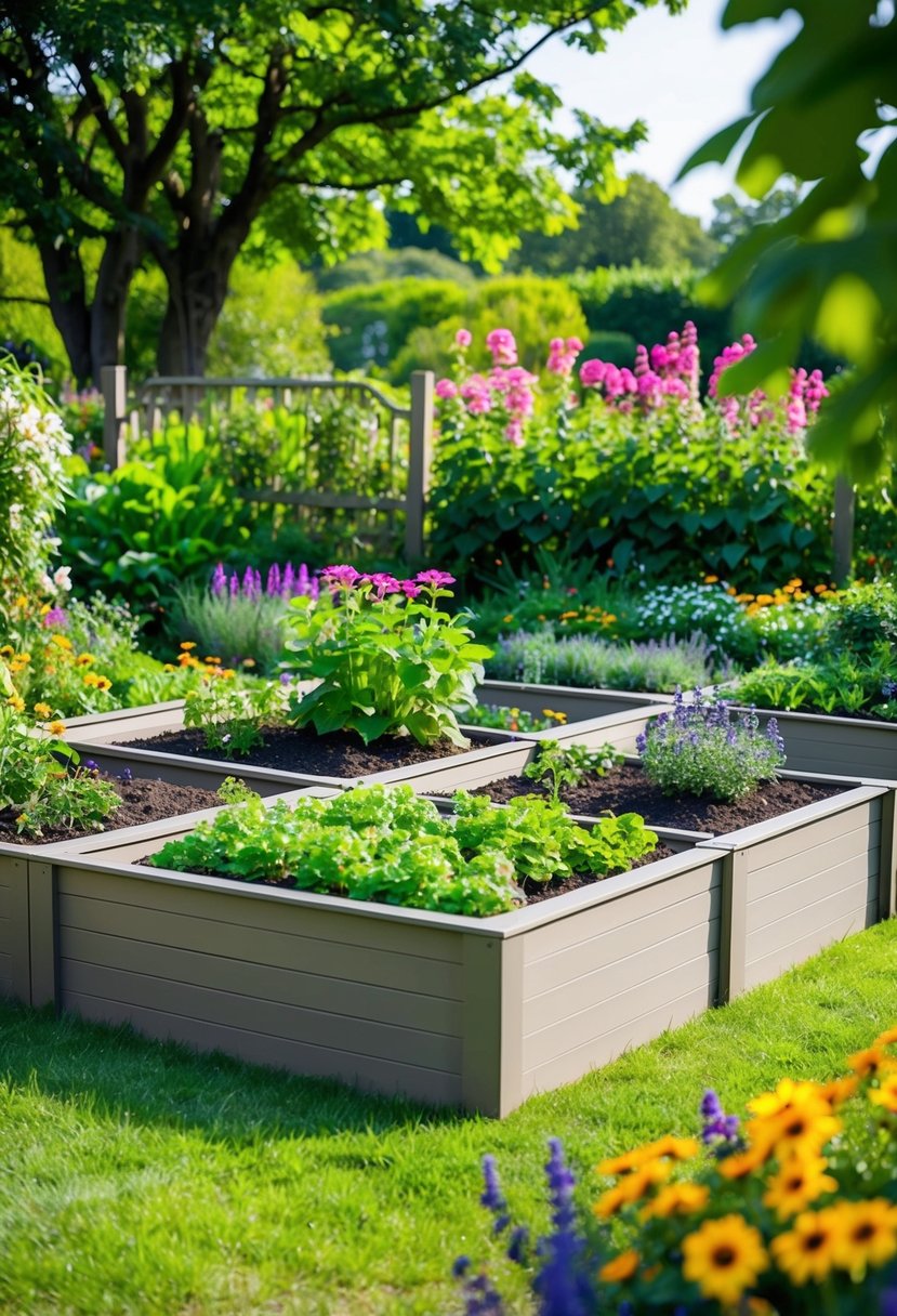 A modular garden bed with raised beds sits in a lush New England Arbors garden, surrounded by vibrant flowers and thriving greenery