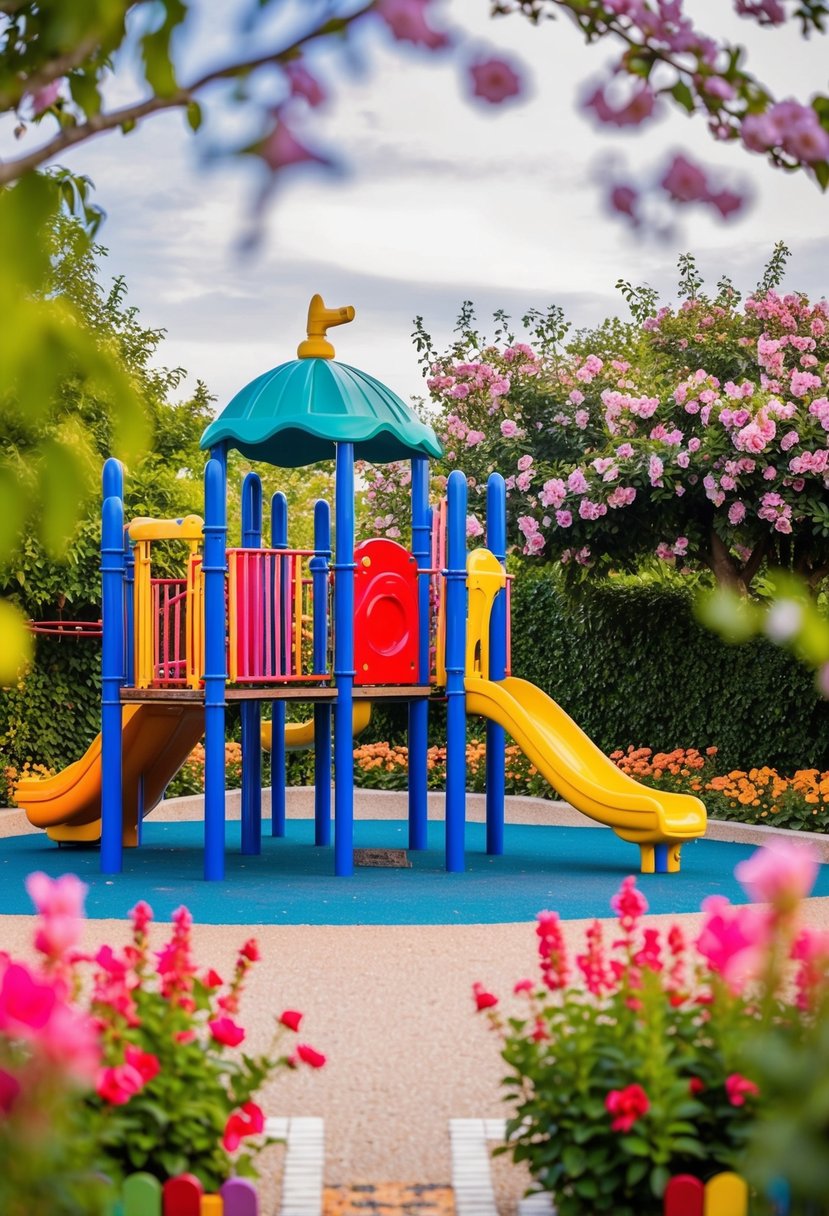 A colorful playground surrounded by blooming flowers in a vibrant garden setting