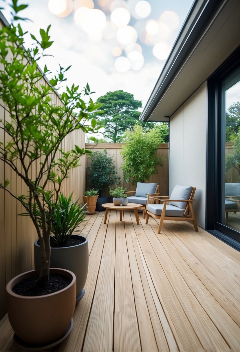A serene Japandi patio with natural wood decking, minimalist furniture, and potted plants