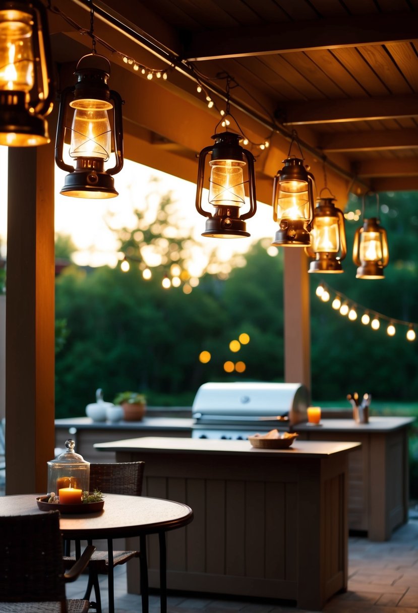 Warm light spills from vintage lanterns hanging over a cozy patio BBQ area, creating a charming and inviting atmosphere