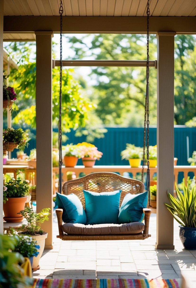 A cozy swing chair hangs from a sturdy frame on a sun-dappled patio, surrounded by potted plants and colorful outdoor decor