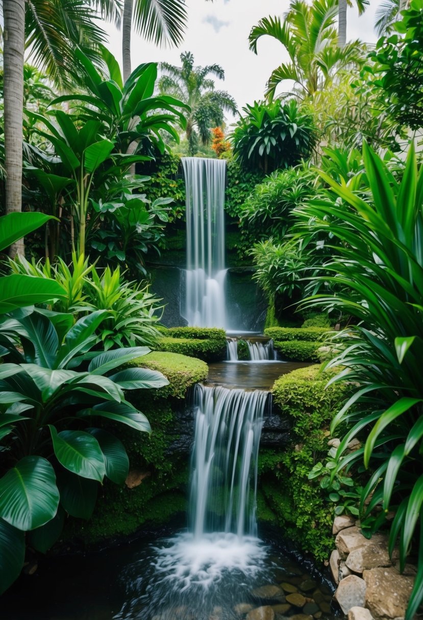 A lush tropical garden with a cascading waterfall feeding into a winding stream