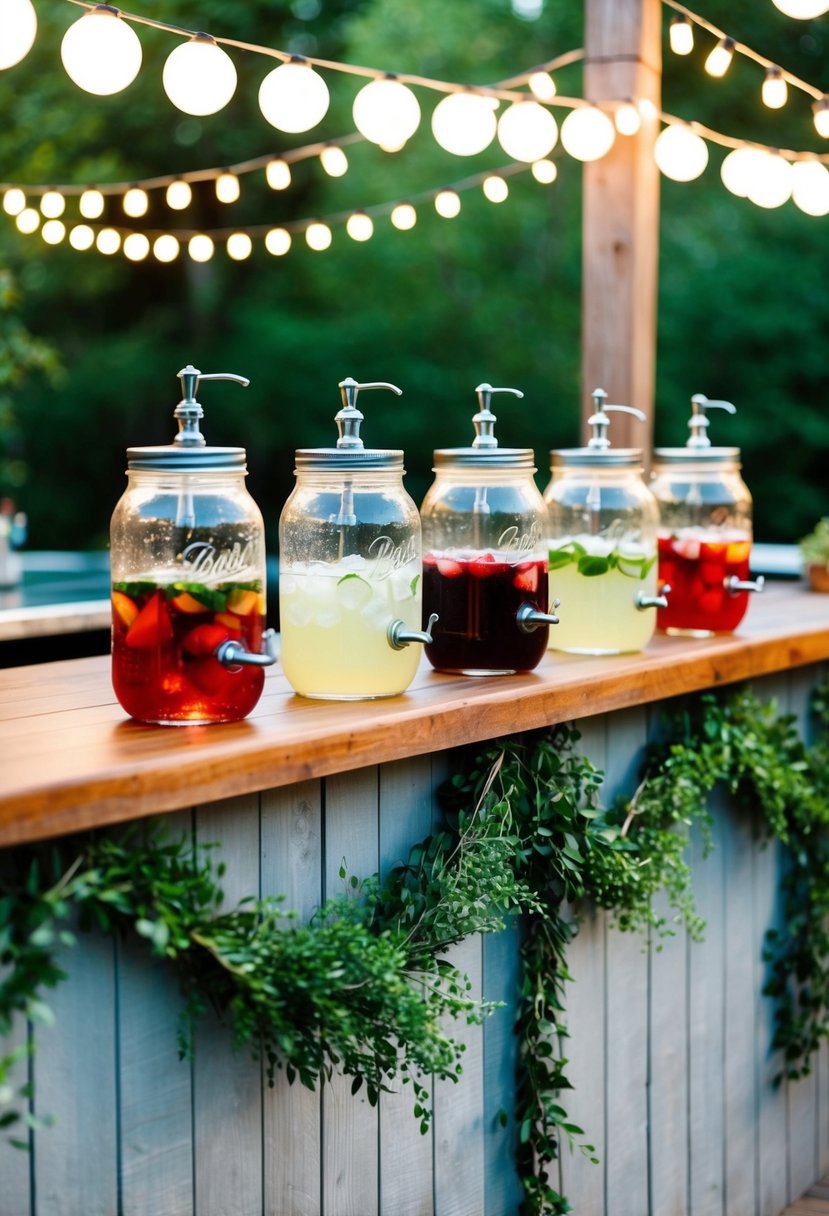 Several mason jar drink dispensers arranged on a rustic outdoor patio bar, surrounded by greenery and string lights