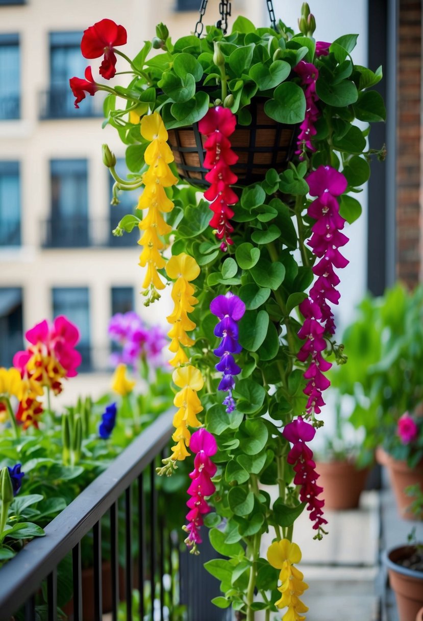 A vibrant trailing Snapdragon 26 hanging basket plant cascading down from a balcony railing, surrounded by other colorful flowers and green foliage