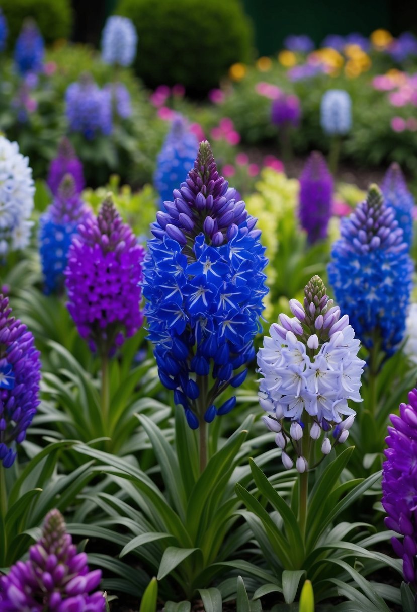 A lush garden filled with blooming Agapanthus 'Blue Triumphator' in various shades of blue and purple, creating a serene and colorful landscape