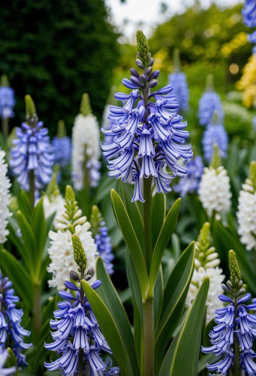 A lush garden filled with Agapanthus 'Silver Lining' in full bloom, creating a stunning display of vibrant blue and white flowers