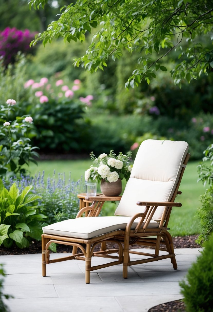 A serene garden patio with a bamboo recliner surrounded by lush greenery and blooming flowers