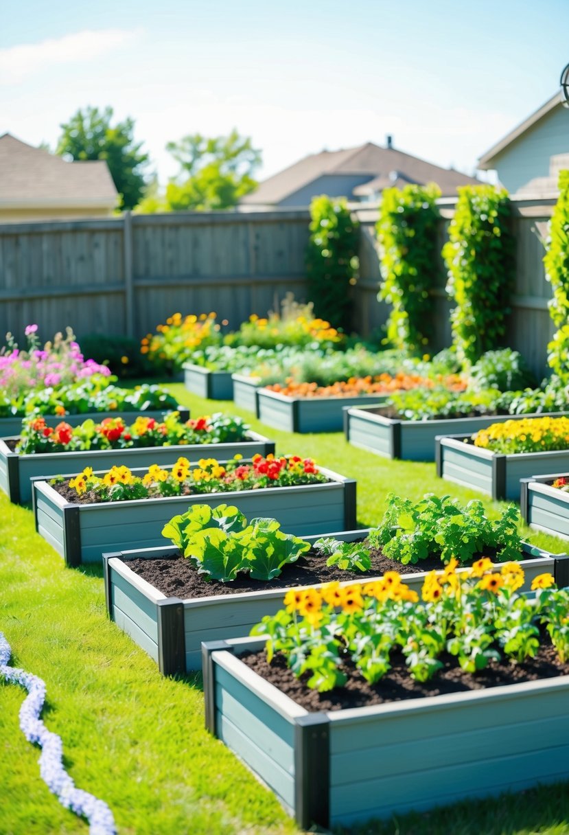 A sunny backyard with 35 raised garden beds filled with colorful flowers and vegetables, surrounded by a neat border of garland
