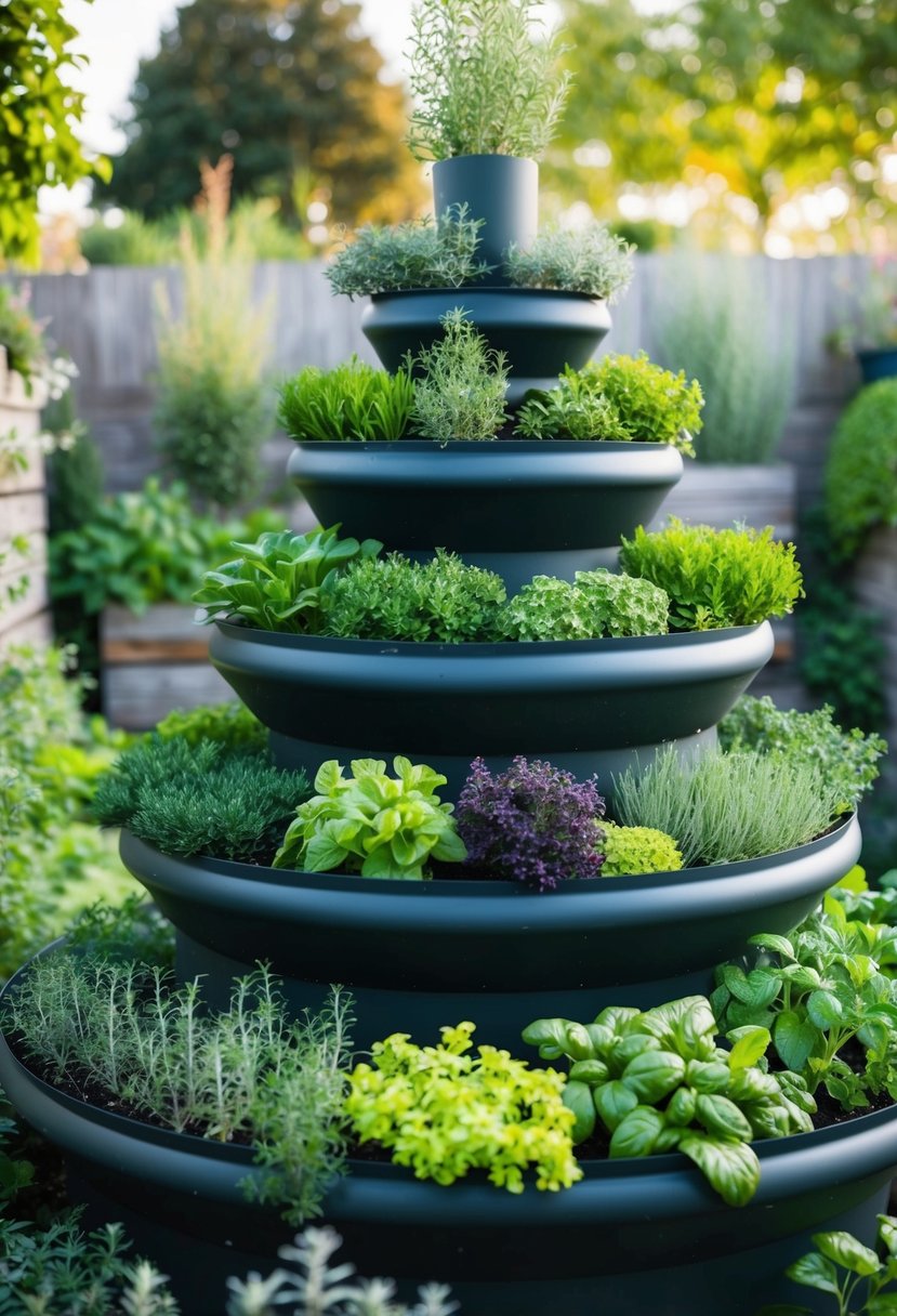 A vertical herb spiral with 22 herb garden walls, arranged in a tiered formation, showcasing a variety of herbs and plants