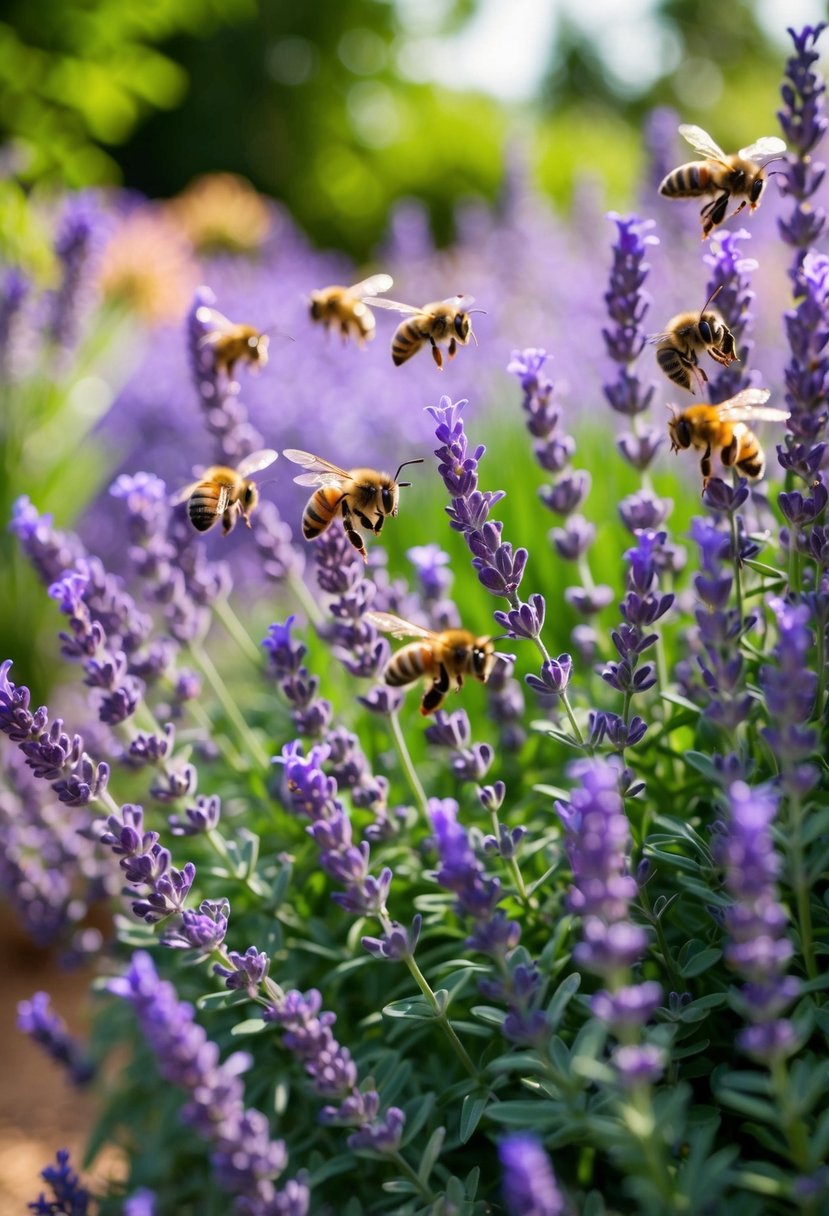 A lush garden filled with vibrant lavender plants and buzzing bees, creating a beautiful and tranquil bee-friendly space