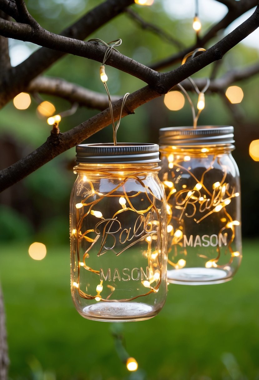 Mason jars filled with fairy lights hang from tree branches in a garden