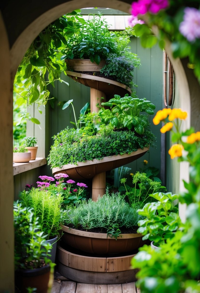 A herb spiral garden nestled in a cozy nook, surrounded by lush greenery and colorful flowers, with a variety of herbs growing at different levels