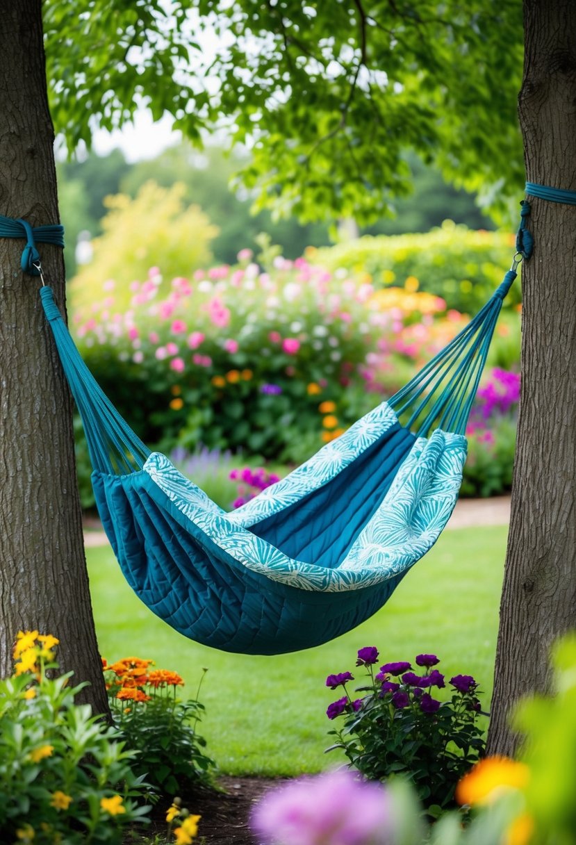 A sunbrella quilted hammock hangs between two trees in a lush garden, surrounded by colorful flowers and greenery