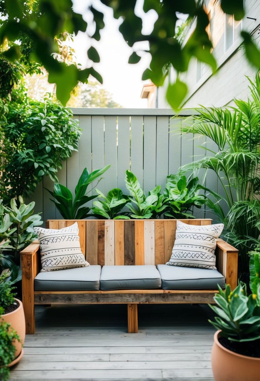 A cozy outdoor seating area with a reclaimed wood sofa surrounded by lush greenery and potted plants