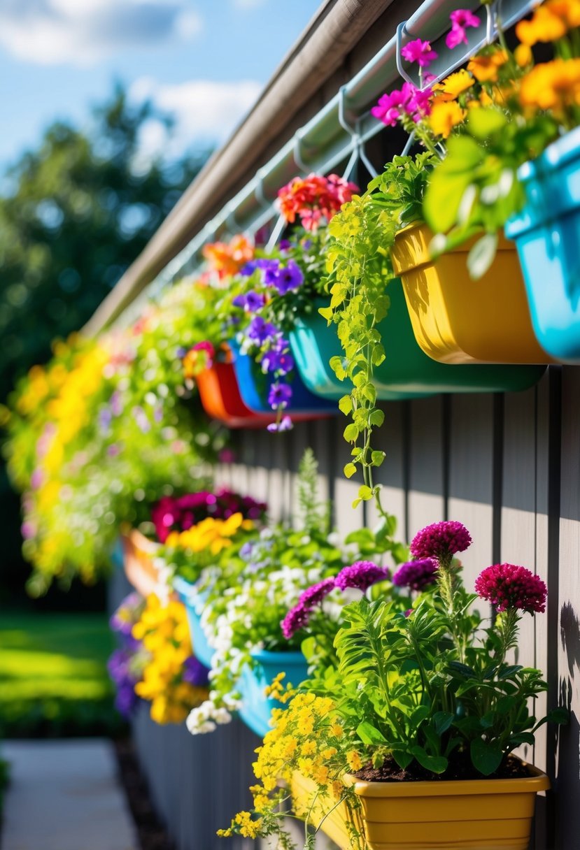 A row of colorful hanging gutter gardens filled with various plants and flowers, adding a vibrant and lively touch to the outdoor space