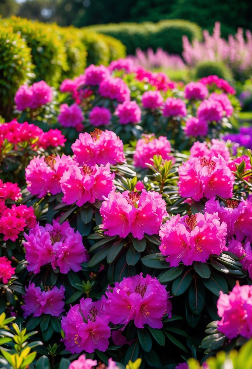 A lush garden filled with vibrant rhododendron 'Percy Wiseman' and azaleas in full bloom, creating a colorful and picturesque landscape