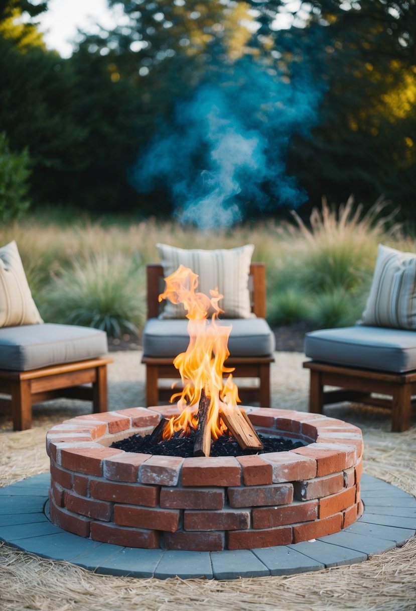 A brick fire circle surrounded by rustic seating and natural landscaping