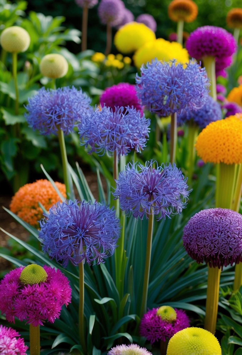 Vibrant neon blue allium flowers bloom in a lush garden setting, surrounded by other colorful allium varieties