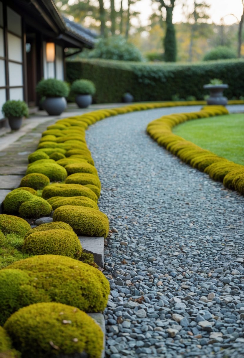 A gravel pathway winds through a serene Japandi patio, dotted with patches of vibrant green moss