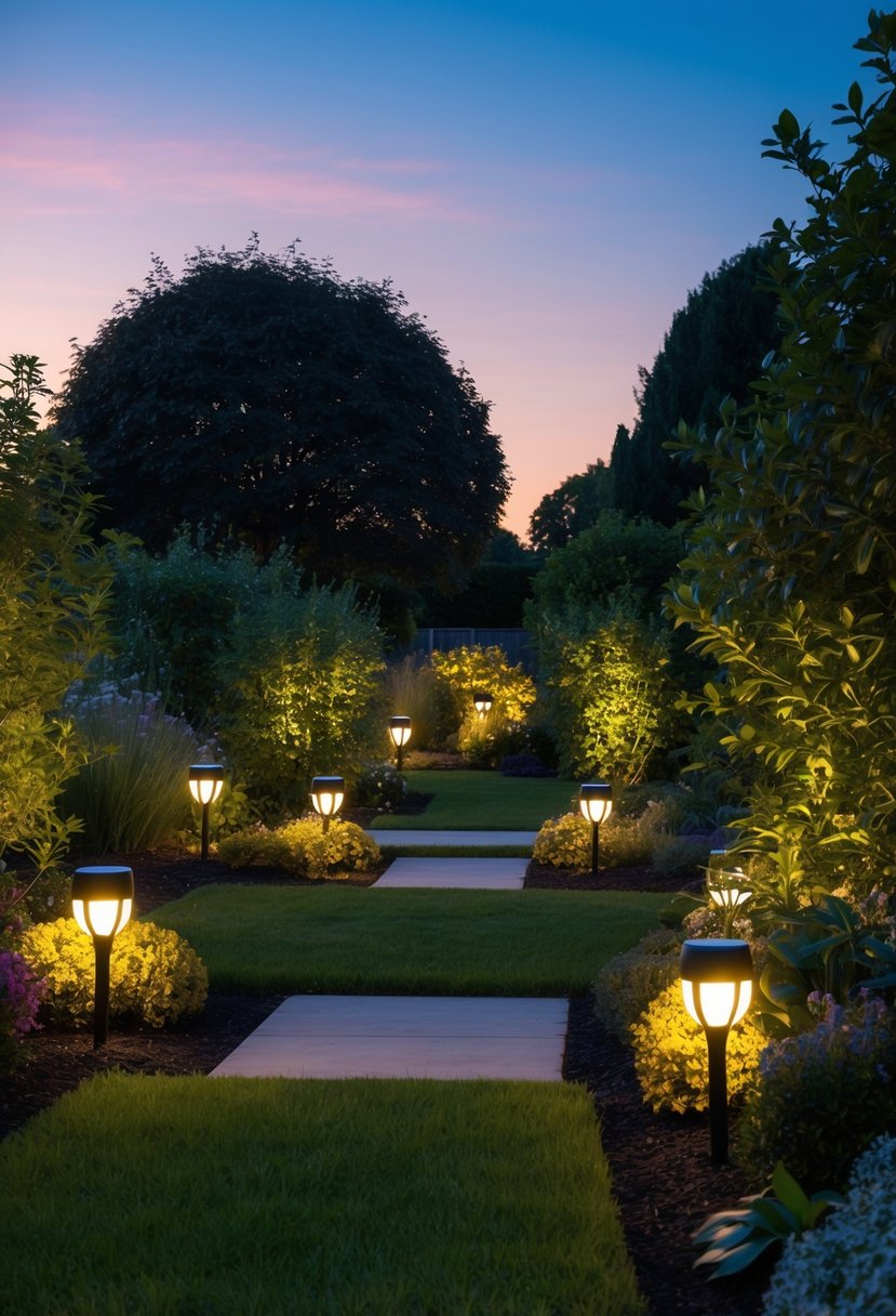 A lush garden at dusk, illuminated by a variety of smart WiFi garden lights, casting a warm and inviting glow over the landscape
