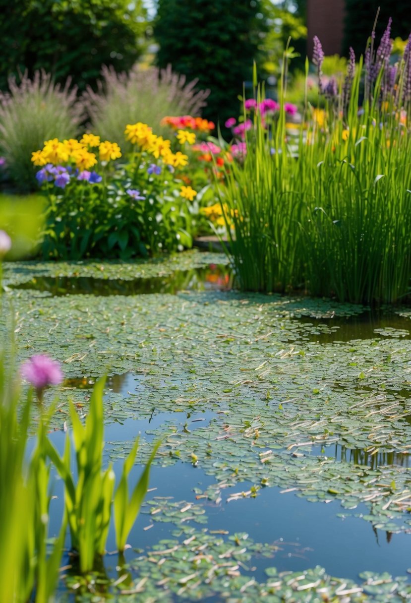 A serene garden pond with lush duckweed covering the surface, surrounded by colorful flowers and tall grasses