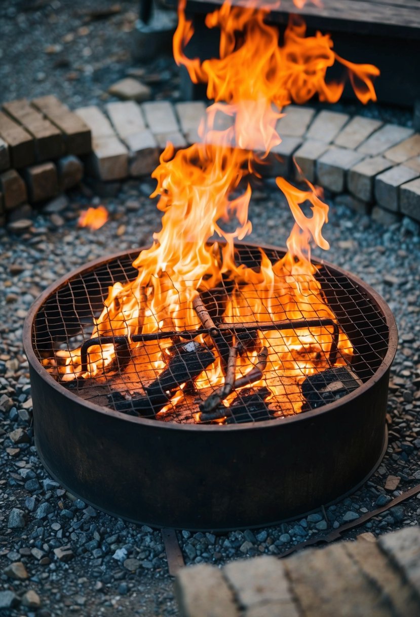 A circular metal grid pit surrounded by rustic elements and crackling fire