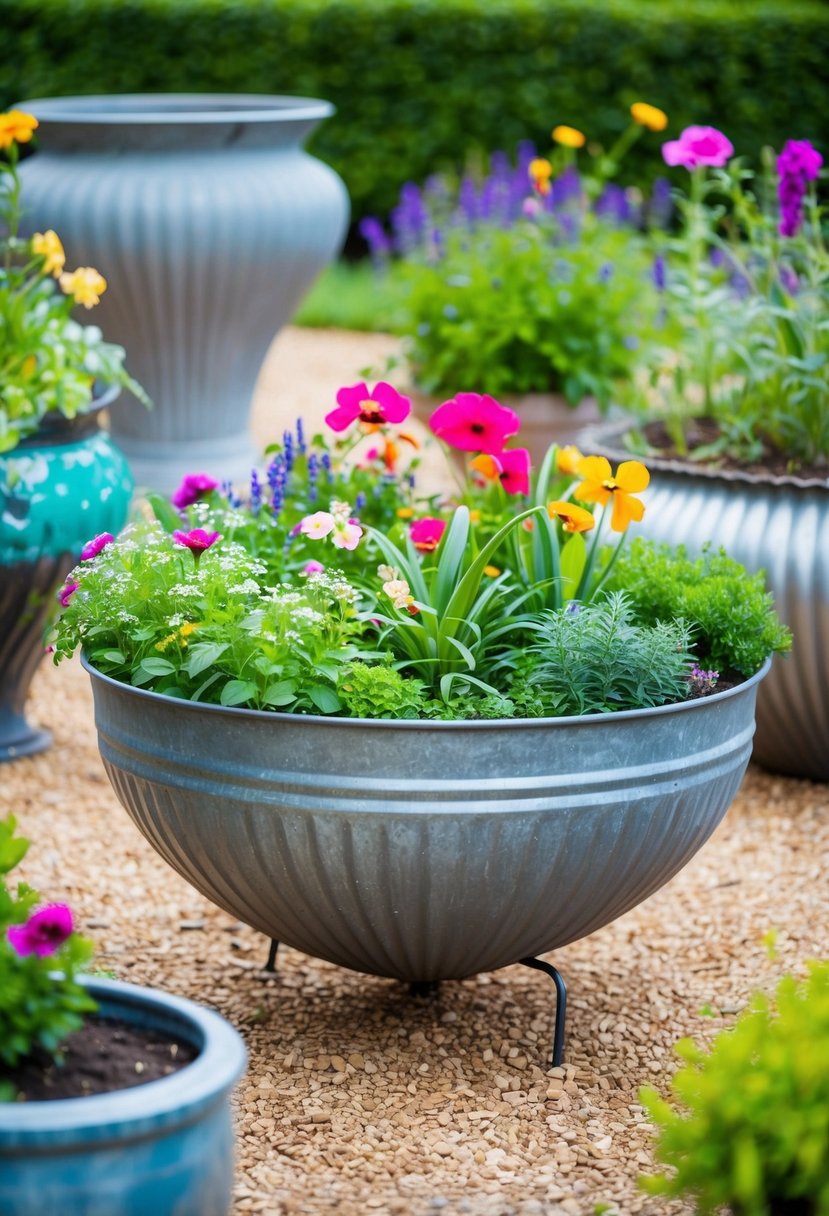 A galvanized trough filled with vibrant flowers and greenery, surrounded by other unique garden containers and planters