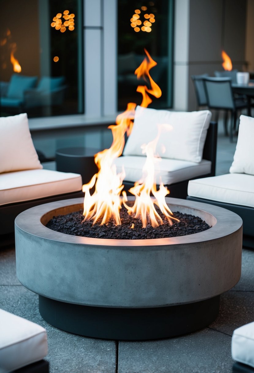 A circular concrete fire table sits in a modern outdoor setting, surrounded by sleek and minimalist furniture. Flames dance within the pit, casting a warm glow on the surrounding area