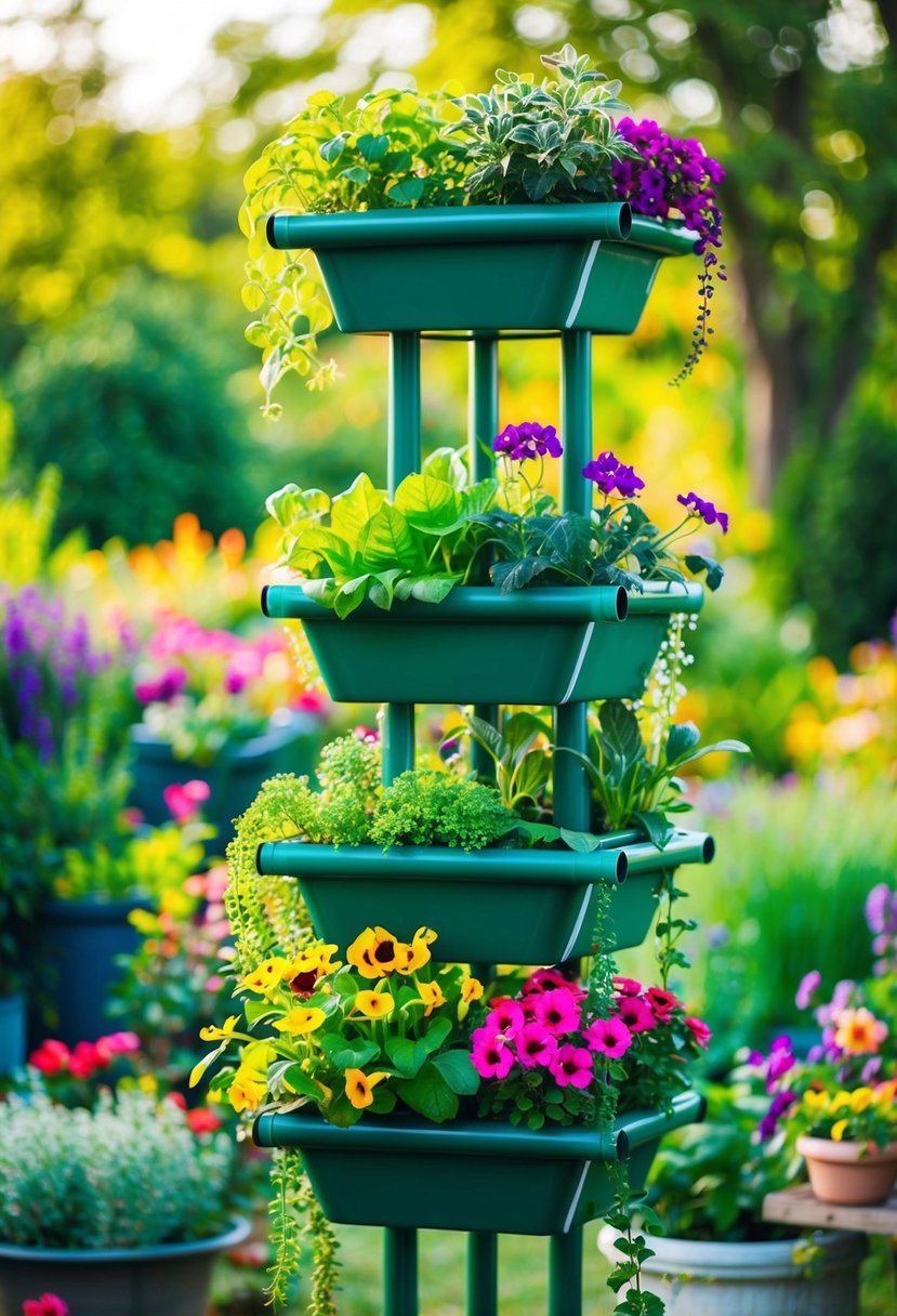 A PVC pipe garden tower stands tall, filled with various plants and flowers, creating a vibrant and colorful display of greenery