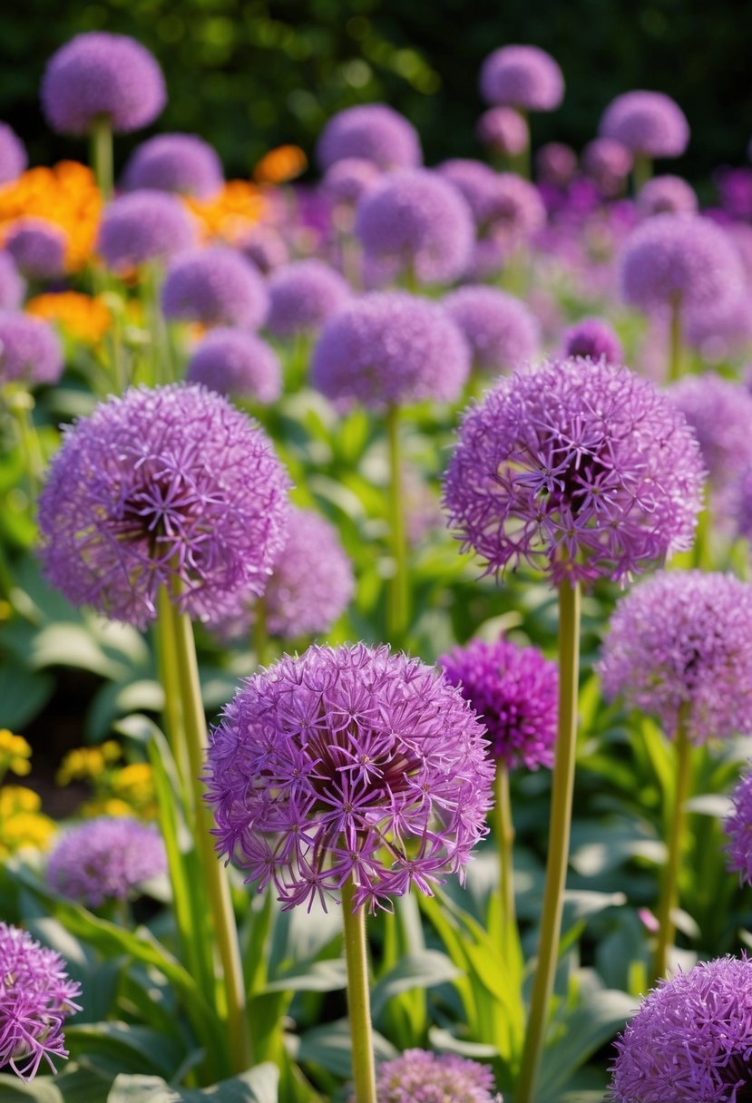 A vibrant garden filled with purple haze allium flowers in full bloom, creating a stunning and colorful display