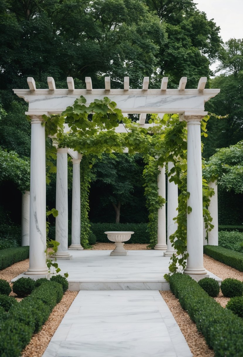 A grand Grecian marble pergola surrounded by lush gardens and climbing vines