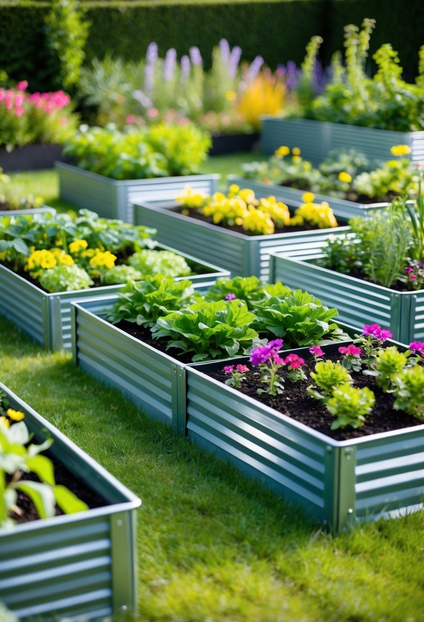 A lush garden with multiple D'vine Dev Metal Raised Beds arranged in a neat and orderly fashion, filled with a variety of vibrant plants and flowers