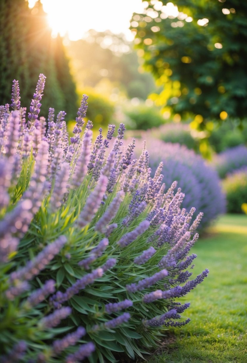 A serene garden bursting with fragrant lavender, surrounded by lush greenery and bathed in soft, golden sunlight