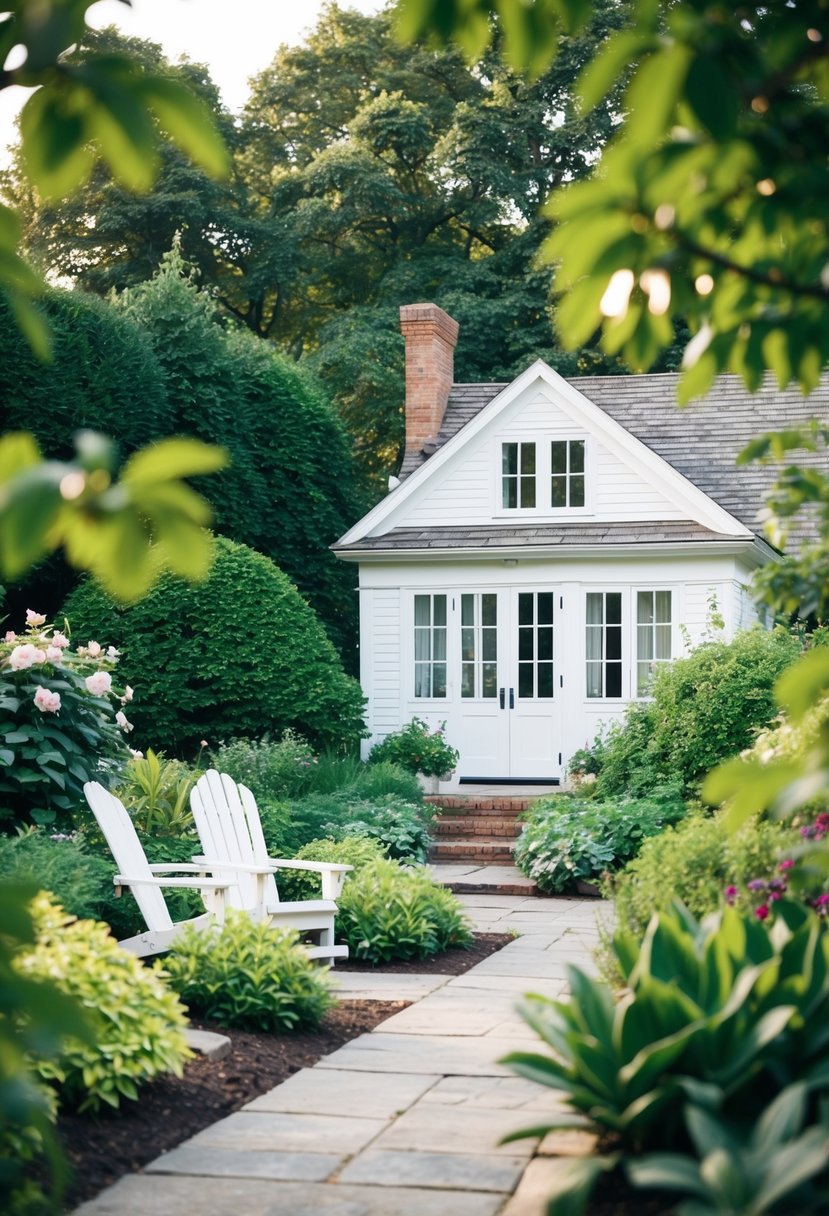 A cozy Hampton style nook nestled among 37 lush gardens, featuring a charming summer house