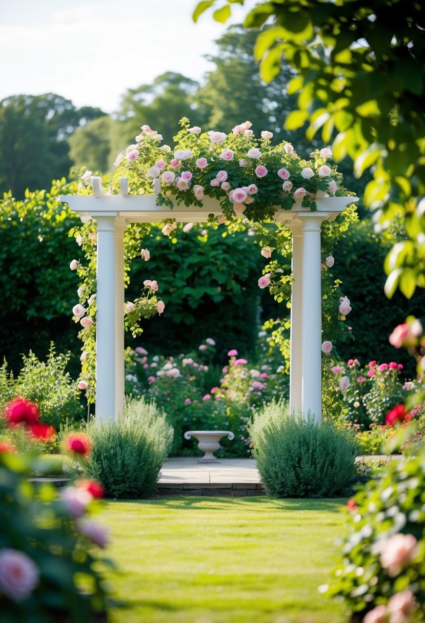 A serene garden with an elegant English Rose Pergola surrounded by lush greenery and vibrant flowers