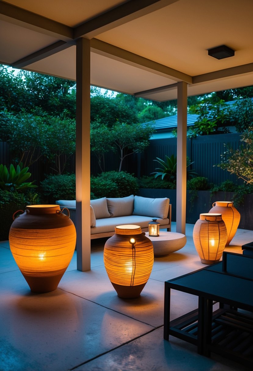A collection of clay lanterns illuminating a serene Japandi-style patio with minimalist furniture and lush greenery