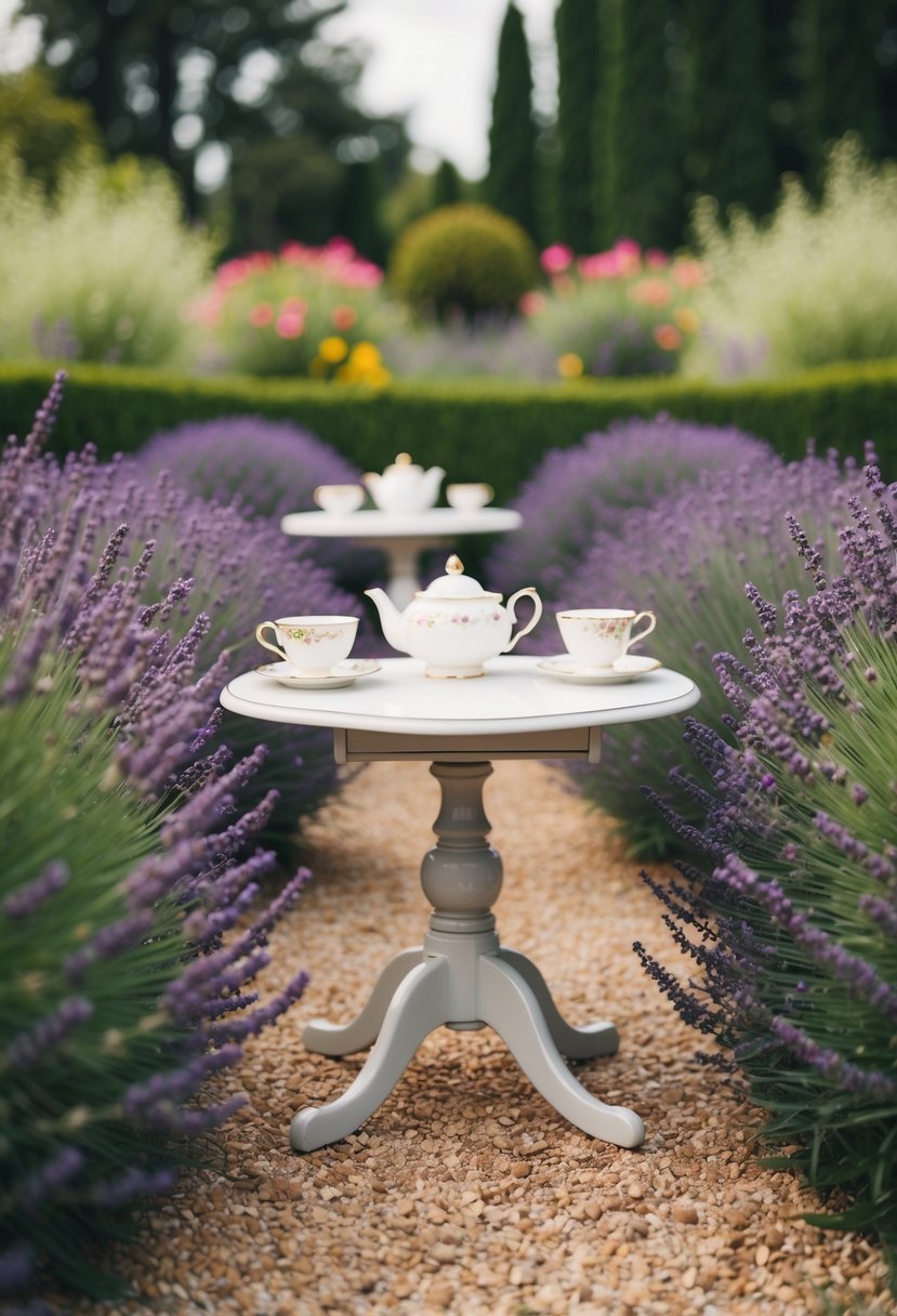 A whimsical garden filled with vibrant lavender bushes, surrounded by quaint tea tables and delicate teacups
